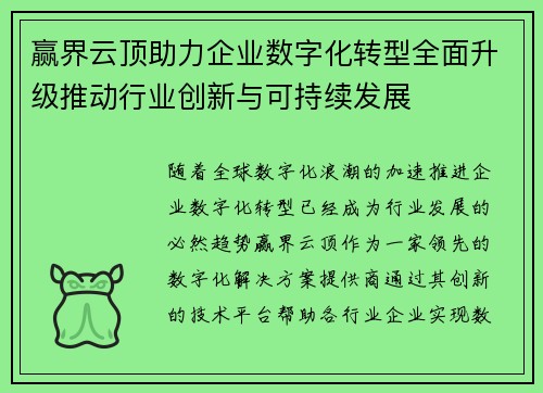 赢界云顶助力企业数字化转型全面升级推动行业创新与可持续发展